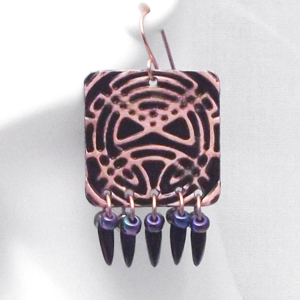 Black and Copper Celtic Square Chandelier Earrings - Picture 3 of 6